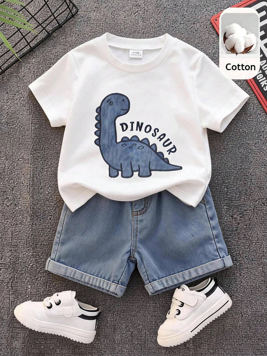 2pcs Baby Boy Summer Casual Cute Dinosaur Short Sleeve T-Shirt And Denim Shorts Set, Denim, Suitable For Spring And Summer, Cute Outfit, Baby Boy Set, Summer Set, Denim Set