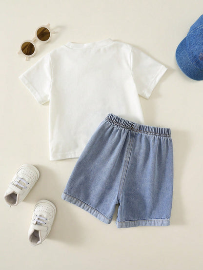 2pcs Baby Boy Summer Casual Cute Dinosaur Short Sleeve T-Shirt And Denim Shorts Set, Denim, Suitable For Spring And Summer, Cute Outfit, Baby Boy Set, Summer Set, Denim Set