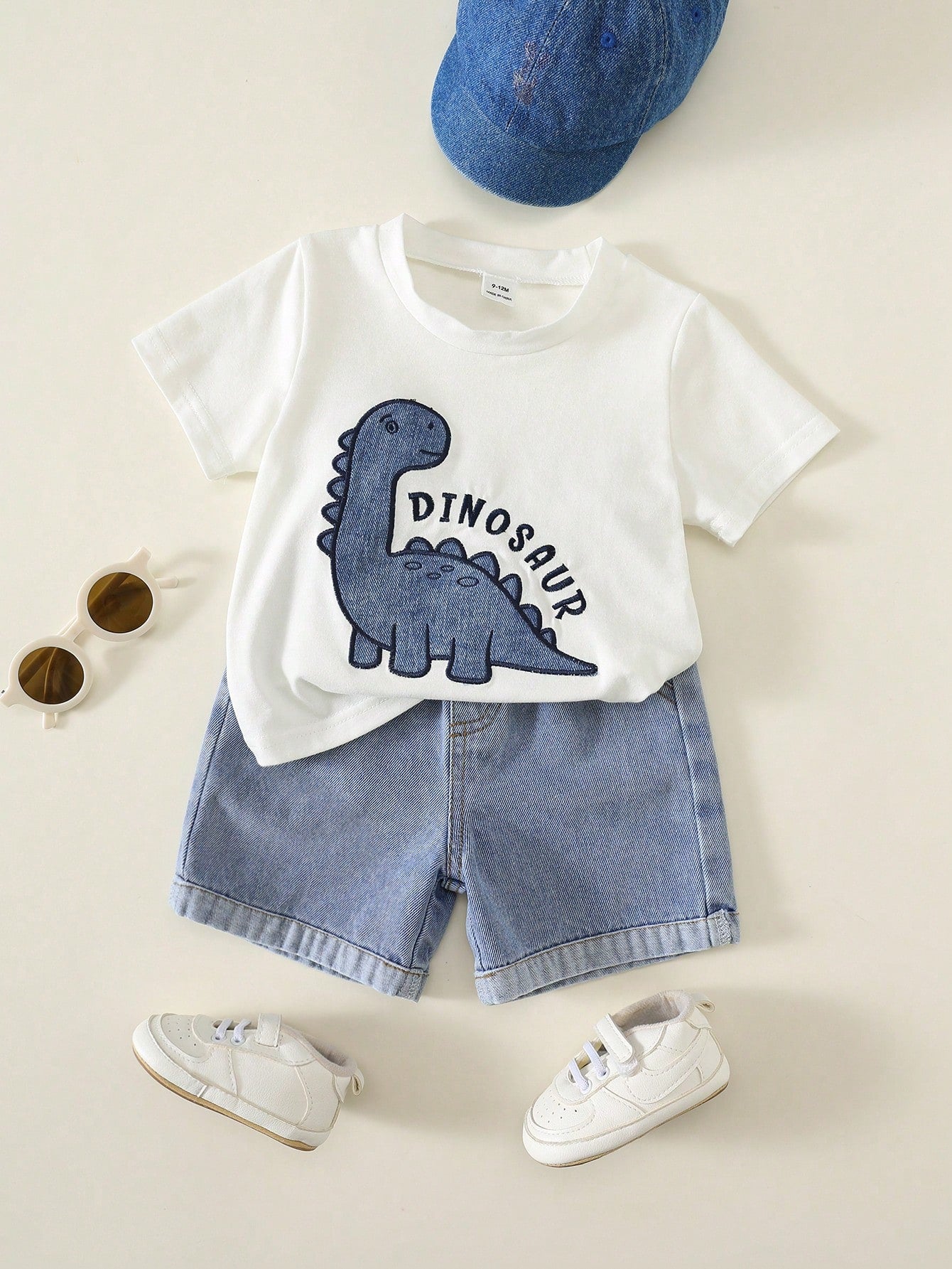2pcs Baby Boy Summer Casual Cute Dinosaur Short Sleeve T-Shirt And Denim Shorts Set, Denim, Suitable For Spring And Summer, Cute Outfit, Baby Boy Set, Summer Set, Denim Set