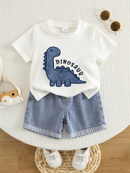 2pcs Baby Boy Summer Casual Cute Dinosaur Short Sleeve T-Shirt And Denim Shorts Set, Denim, Suitable For Spring And Summer, Cute Outfit, Baby Boy Set, Summer Set, Denim Set