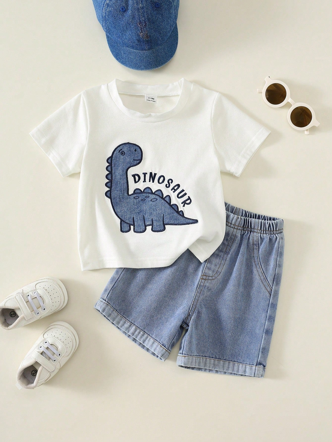 2pcs Baby Boy Summer Casual Cute Dinosaur Short Sleeve T-Shirt And Denim Shorts Set, Denim, Suitable For Spring And Summer, Cute Outfit, Baby Boy Set, Summer Set, Denim Set
