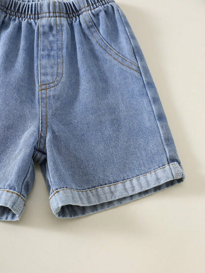 2pcs Baby Boy Summer Casual Cute Dinosaur Short Sleeve T-Shirt And Denim Shorts Set, Denim, Suitable For Spring And Summer, Cute Outfit, Baby Boy Set, Summer Set, Denim Set