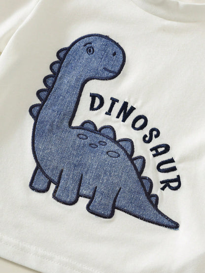 2pcs Baby Boy Summer Casual Cute Dinosaur Short Sleeve T-Shirt And Denim Shorts Set, Denim, Suitable For Spring And Summer, Cute Outfit, Baby Boy Set, Summer Set, Denim Set