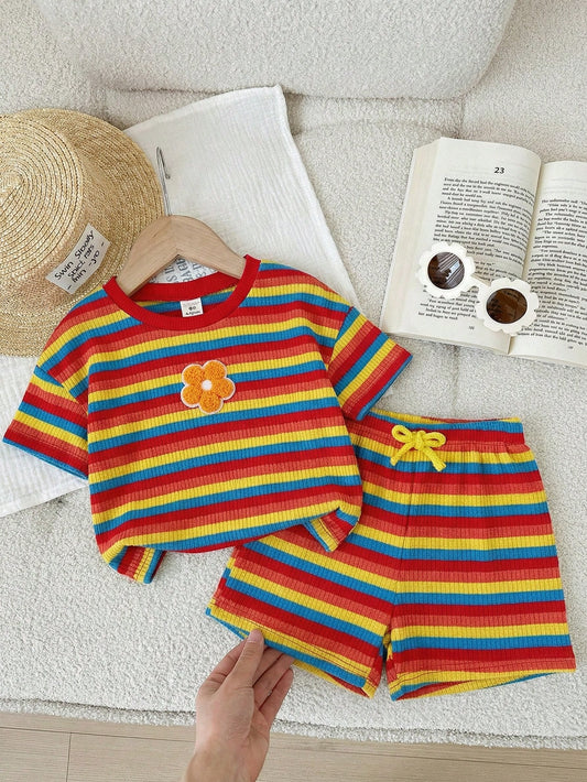 2pcs Baby Girl Knitted Rainbow Striped Round Neck T-Shirt And Shorts Set,Red Stripe,Summer,Casual,Cute,Vacation Colorful Clothes For Girls