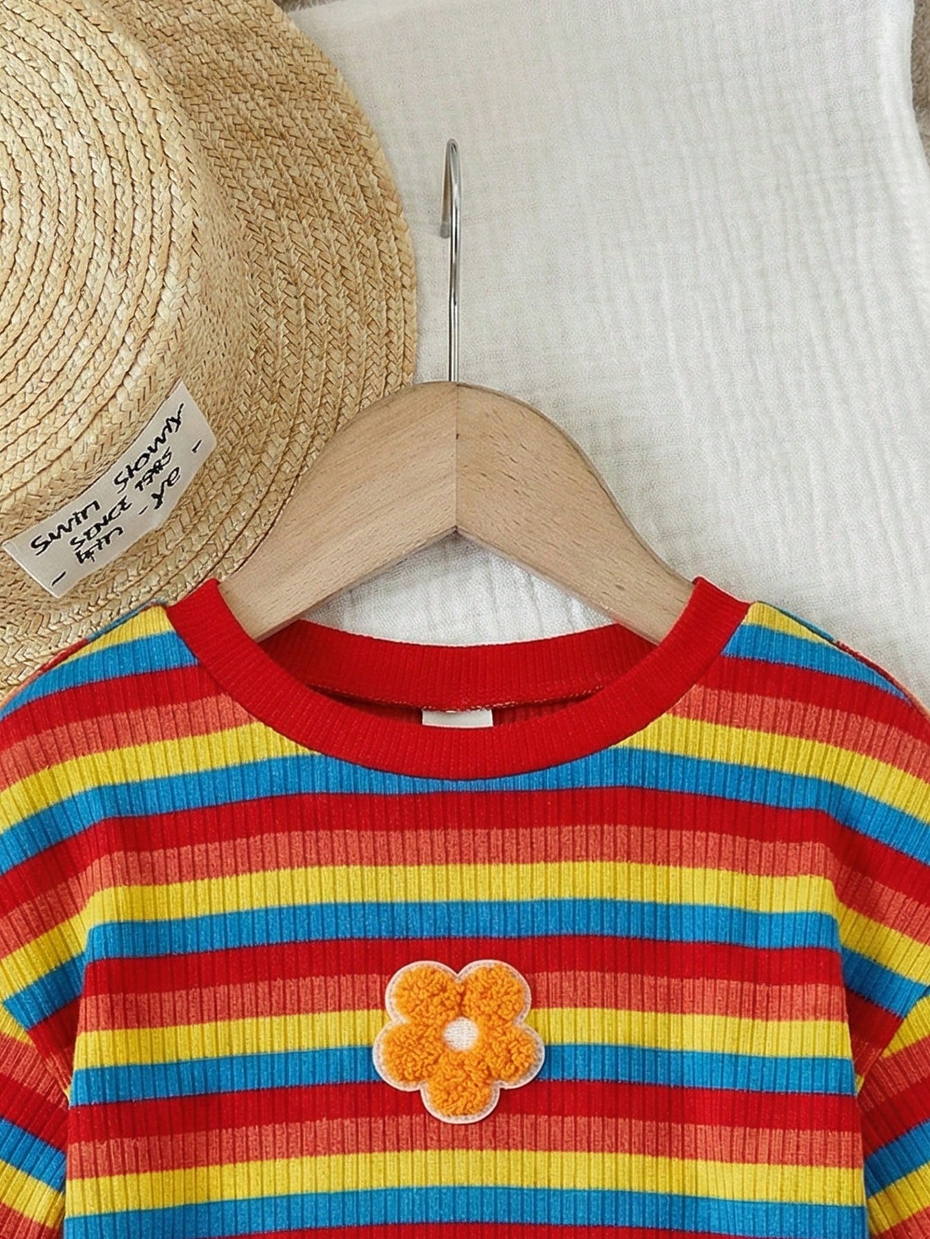 2pcs Baby Girl Knitted Rainbow Striped Round Neck T-Shirt And Shorts Set,Red Stripe,Summer,Casual,Cute,Vacation Colorful Clothes For Girls