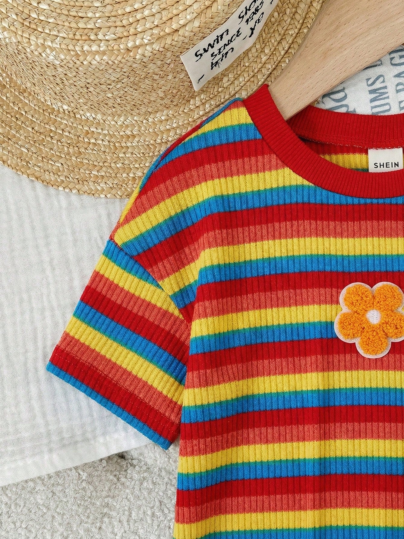 2pcs Baby Girl Knitted Rainbow Striped Round Neck T-Shirt And Shorts Set,Red Stripe,Summer,Casual,Cute,Vacation Colorful Clothes For Girls