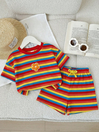 2pcs Baby Girl Knitted Rainbow Striped Round Neck T-Shirt And Shorts Set,Red Stripe,Summer,Casual,Cute,Vacation Colorful Clothes For Girls