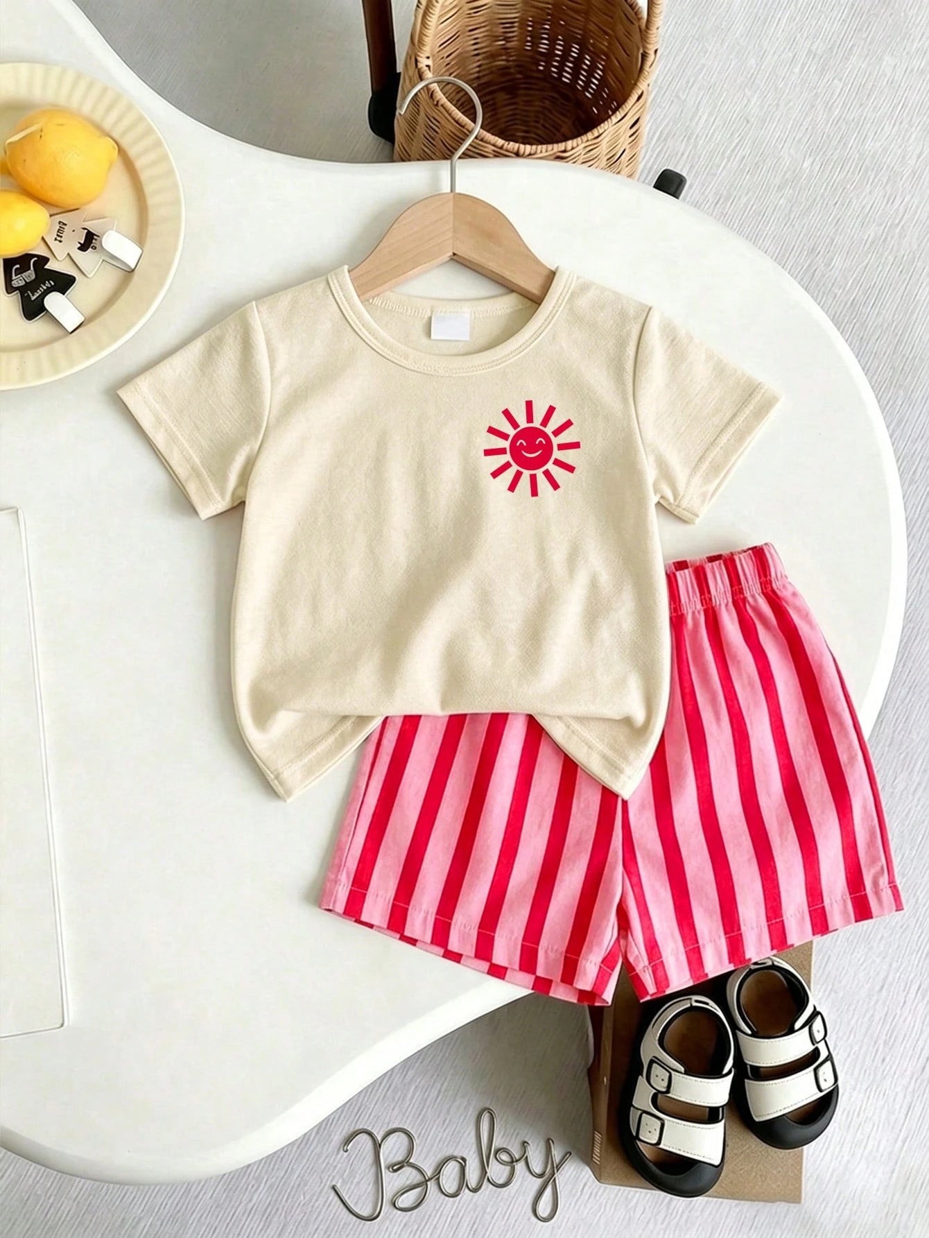 [2pcs]Baby Girl Korean Style Casual Sun Smile Print Short Sleeve Thin Shorts Set, Spring/Summer Outfit For Outings And Shopping