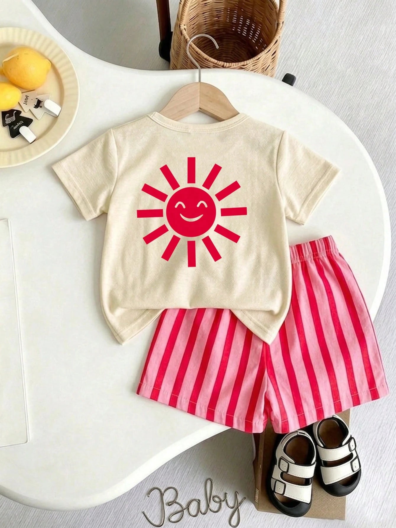 [2pcs]Baby Girl Korean Style Casual Sun Smile Print Short Sleeve Thin Shorts Set, Spring/Summer Outfit For Outings And Shopping