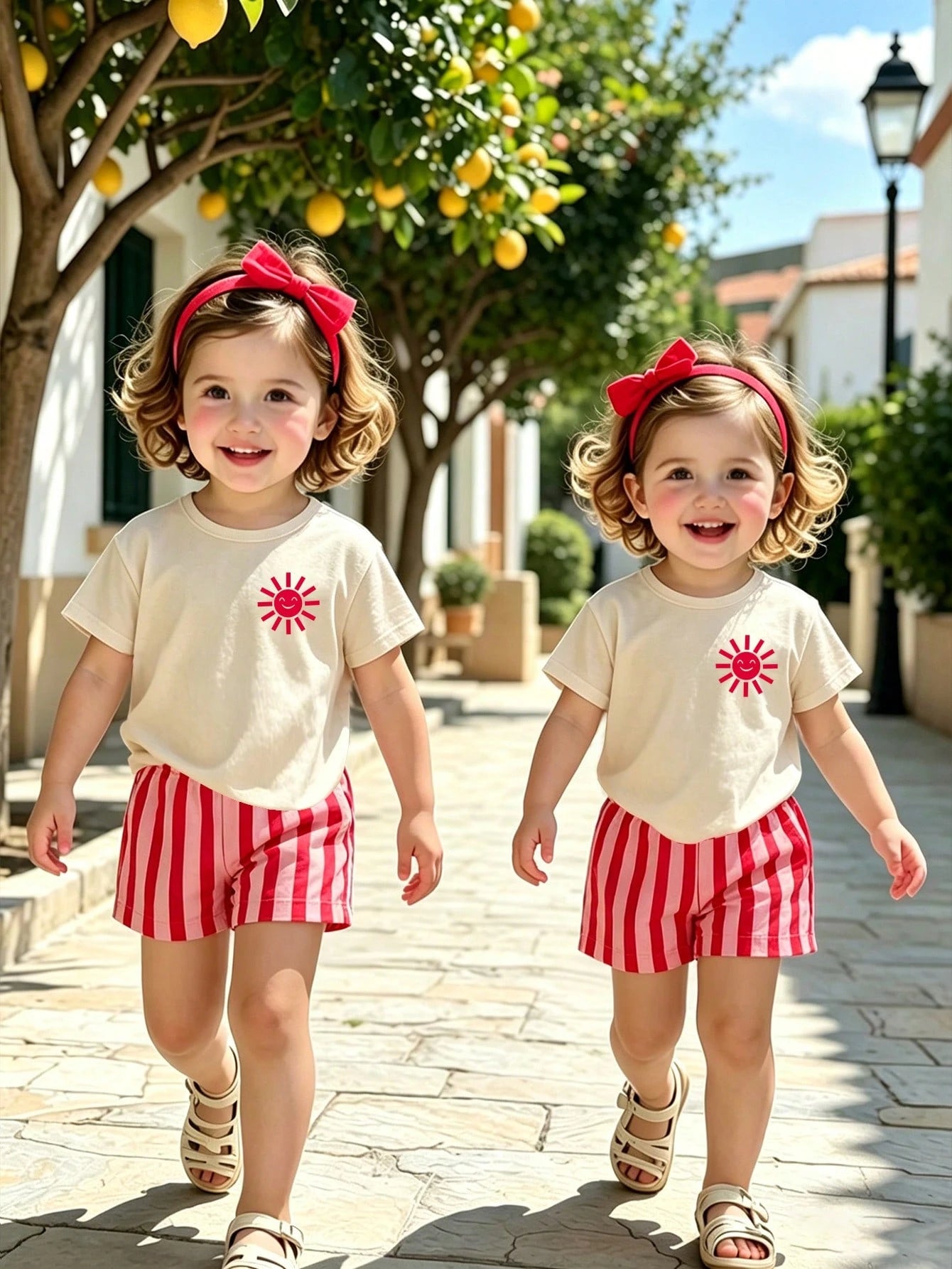 [2pcs]Baby Girl Korean Style Casual Sun Smile Print Short Sleeve Thin Shorts Set, Spring/Summer Outfit For Outings And Shopping