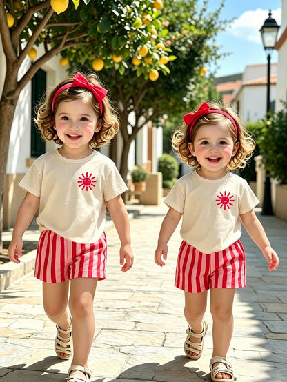 [2pcs]Baby Girl Korean Style Casual Sun Smile Print Short Sleeve Thin Shorts Set, Spring/Summer Outfit For Outings And Shopping