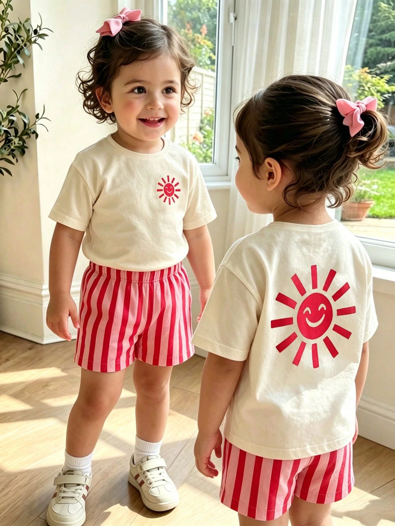 [2pcs]Baby Girl Korean Style Casual Sun Smile Print Short Sleeve Thin Shorts Set, Spring/Summer Outfit For Outings And Shopping