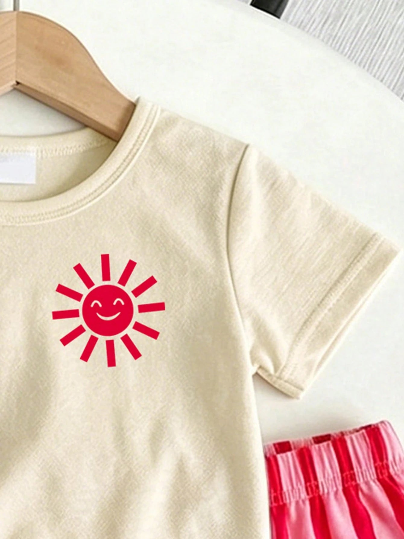 [2pcs]Baby Girl Korean Style Casual Sun Smile Print Short Sleeve Thin Shorts Set, Spring/Summer Outfit For Outings And Shopping