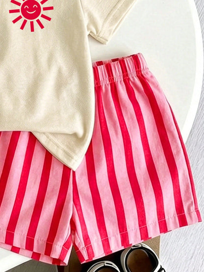 [2pcs]Baby Girl Korean Style Casual Sun Smile Print Short Sleeve Thin Shorts Set, Spring/Summer Outfit For Outings And Shopping