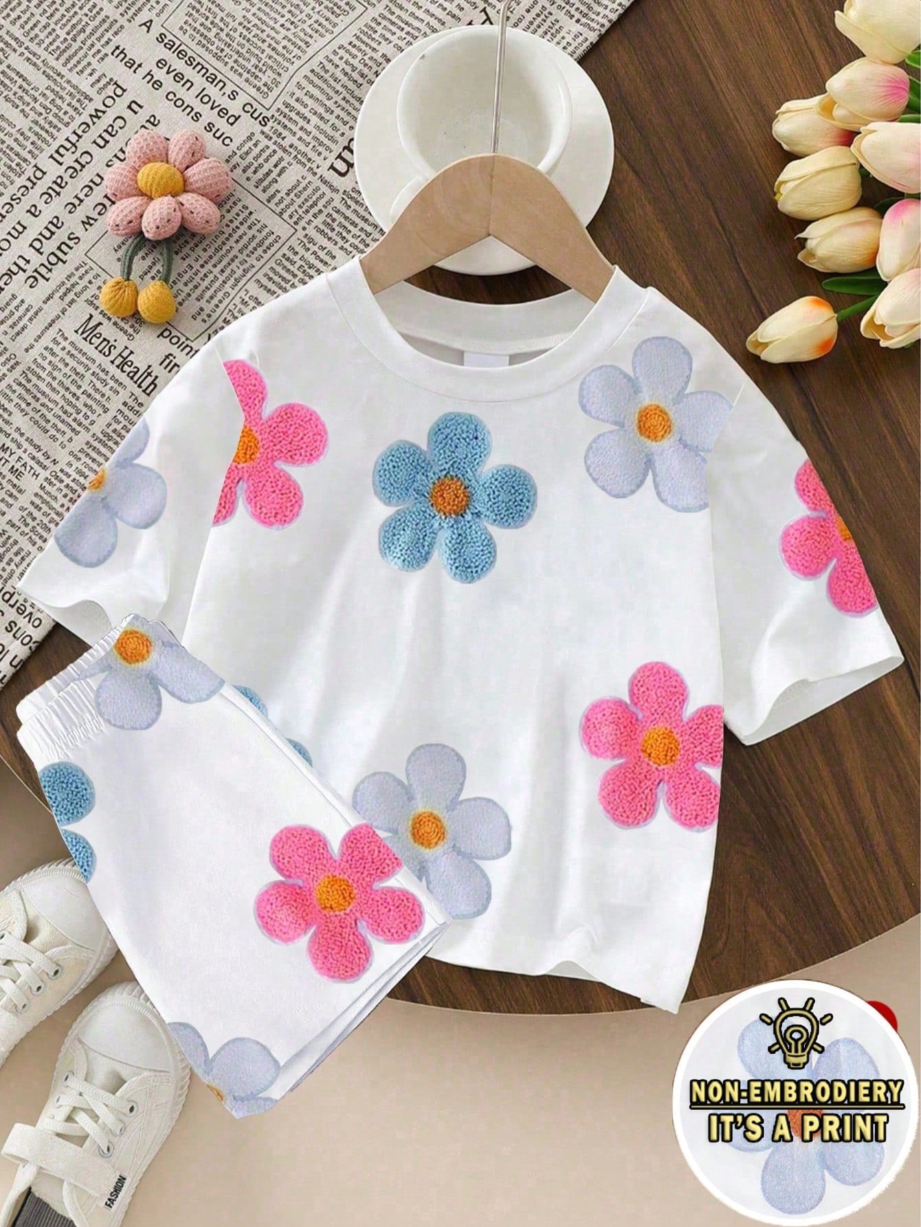 [2pcs]Baby Girl Korean Style Casual Sun Smile Print Short Sleeve Thin Shorts Set, Spring/Summer Outfit For Outings And Shopping