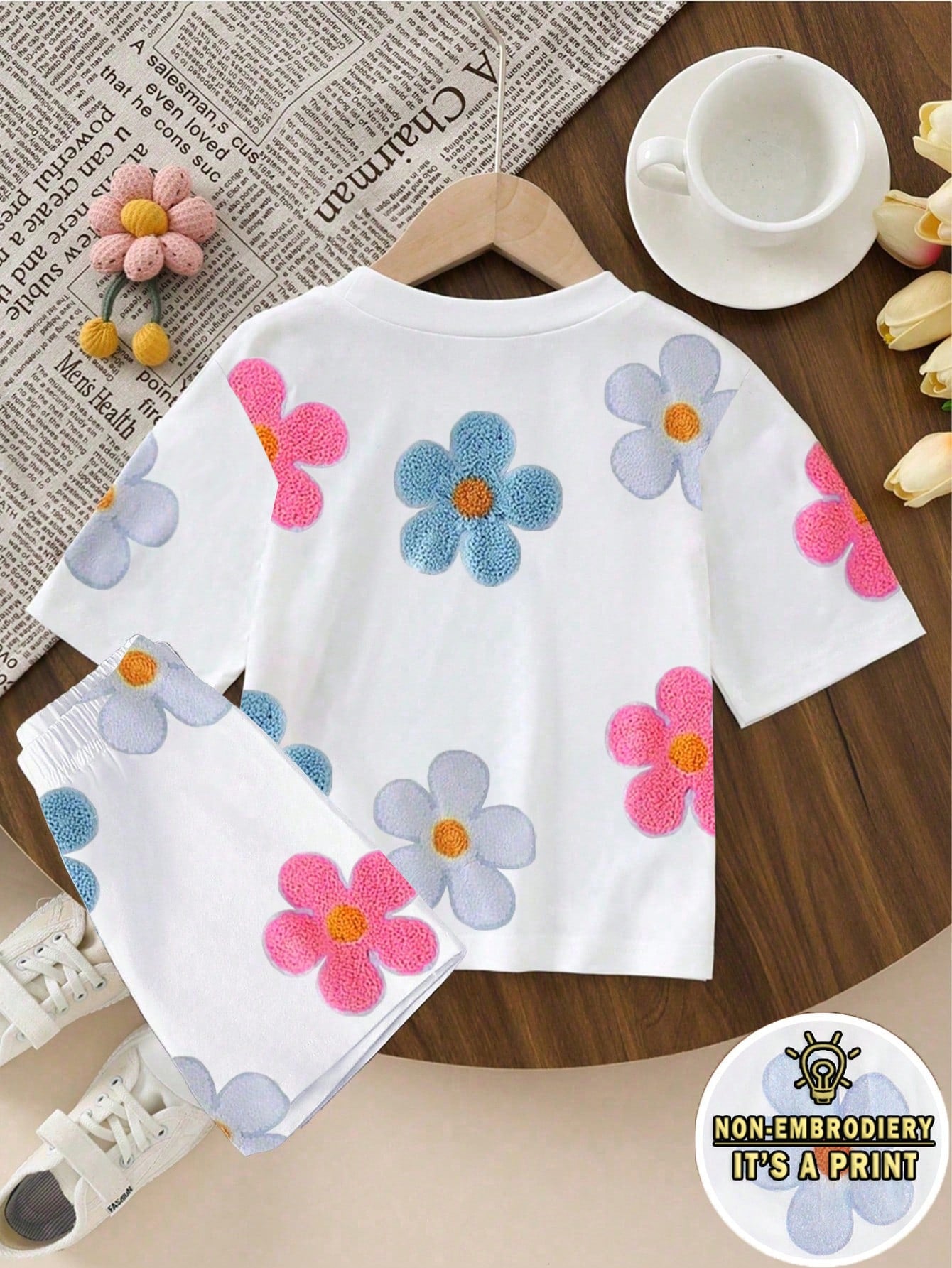 [2pcs]Baby Girl Korean Style Casual Sun Smile Print Short Sleeve Thin Shorts Set, Spring/Summer Outfit For Outings And Shopping