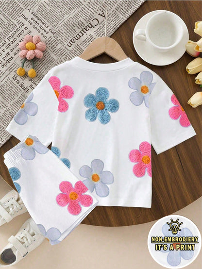 [2pcs]Baby Girl Korean Style Casual Sun Smile Print Short Sleeve Thin Shorts Set, Spring/Summer Outfit For Outings And Shopping