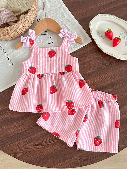 2pcs Baby Girl Toddler/Newborn 0-3 Years Spring/Summer Casual Daily Cute Vacation Striped Bow Decor Cute Yellow Lemon Pattern Camisole Top + Shorts Set