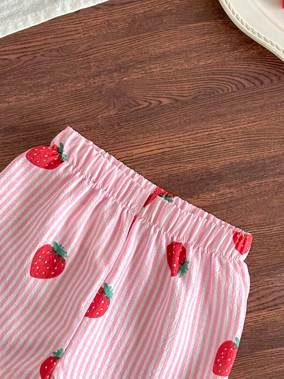 2pcs Baby Girl Toddler/Newborn 0-3 Years Spring/Summer Casual Daily Cute Vacation Striped Bow Decor Cute Yellow Lemon Pattern Camisole Top + Shorts Set
