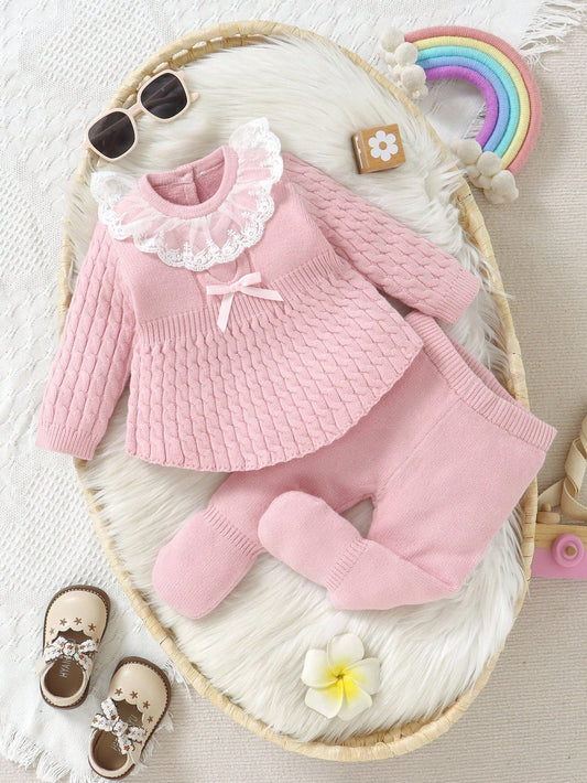 2pcs Baby Girls' Pink Autumn Cute Lace Birthday Sweater Dress And Knit Leggings Set,Featuring Twisted Cord,Bow Details,Soft Knit For Daily,Outdoor