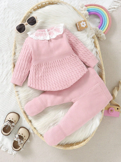 2pcs Baby Girls' Pink Autumn Cute Lace Birthday Sweater Dress And Knit Leggings Set,Featuring Twisted Cord,Bow Details,Soft Knit For Daily,Outdoor