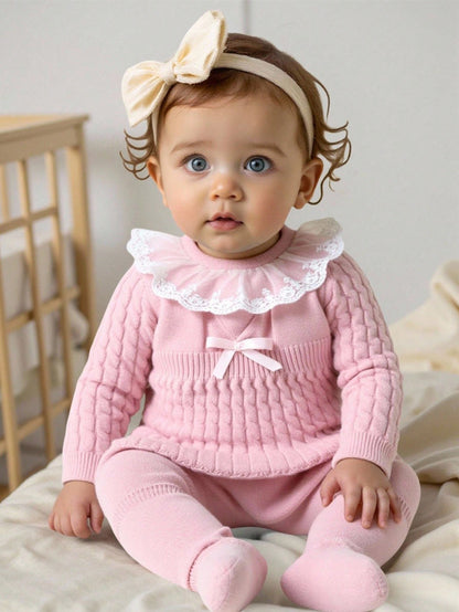 2pcs Baby Girls' Pink Autumn Cute Lace Birthday Sweater Dress And Knit Leggings Set,Featuring Twisted Cord,Bow Details,Soft Knit For Daily,Outdoor