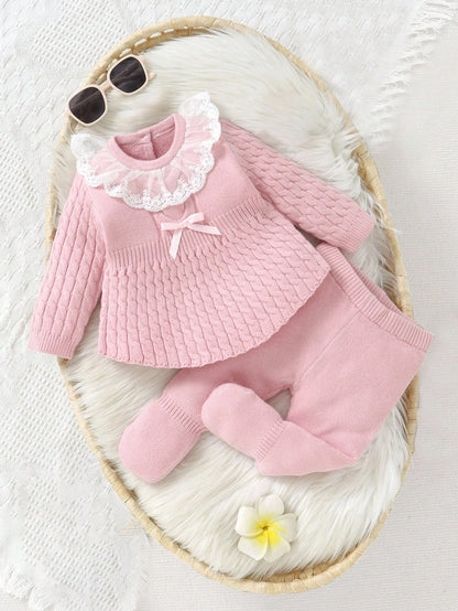 2pcs Baby Girls' Pink Autumn Cute Lace Birthday Sweater Dress And Knit Leggings Set,Featuring Twisted Cord,Bow Details,Soft Knit For Daily,Outdoor