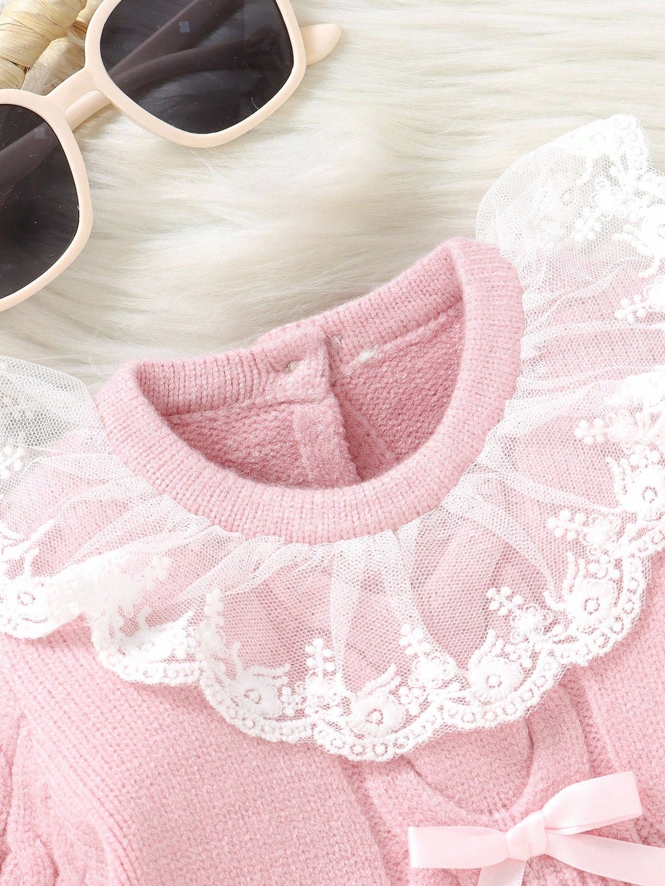 2pcs Baby Girls' Pink Autumn Cute Lace Birthday Sweater Dress And Knit Leggings Set,Featuring Twisted Cord,Bow Details,Soft Knit For Daily,Outdoor