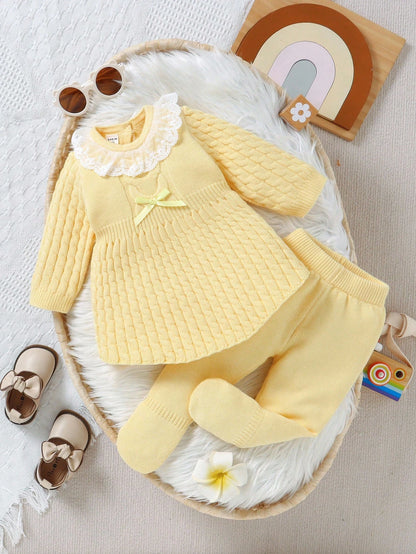 2pcs Baby Girls' Pink Autumn Cute Lace Birthday Sweater Dress And Knit Leggings Set,Featuring Twisted Cord,Bow Details,Soft Knit For Daily,Outdoor