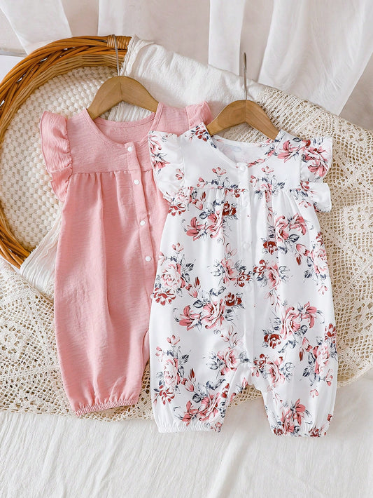 2pcs Baby Girls' Summer Vintage Floral Print Romper With Ruffle Sleeve, Snap Button Design For Easy Wear, Comfortable & Minimalist Cap Sleeve Jumpsuit Set