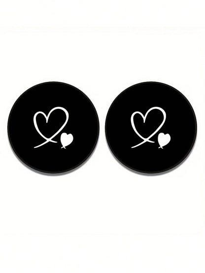 2pcs Black & White Double Heart Car Cup Holders, Vintage Brown Background With Pink Polka Dot Style, Protects Car Interior Space, Easy To Clean, Suitable For SUV Or Any Other Car Models. Universal Car