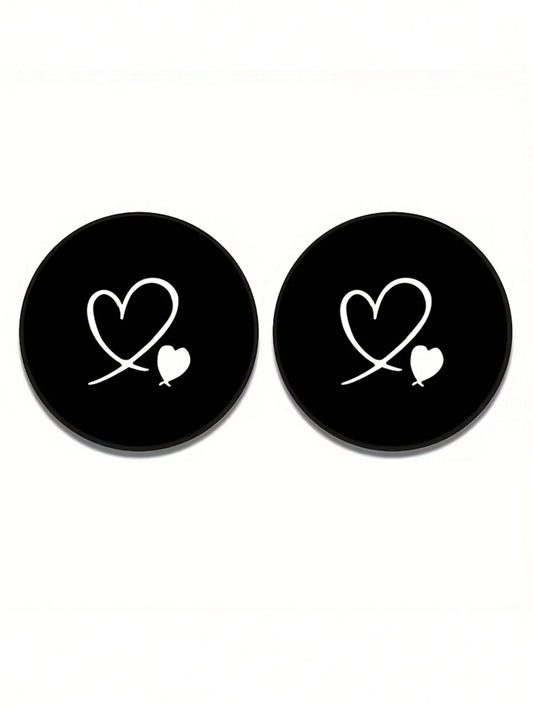2pcs Black & White Double Heart Car Cup Holders, Vintage Brown Background With Pink Polka Dot Style, Protects Car Interior Space, Easy To Clean, Suitable For SUV Or Any Other Car Models. Universal Car