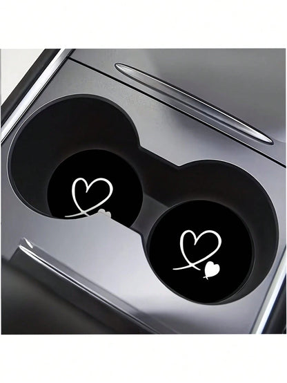 2pcs Black & White Double Heart Car Cup Holders, Vintage Brown Background With Pink Polka Dot Style, Protects Car Interior Space, Easy To Clean, Suitable For SUV Or Any Other Car Models. Universal Car