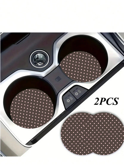 2pcs Black & White Double Heart Car Cup Holders, Vintage Brown Background With Pink Polka Dot Style, Protects Car Interior Space, Easy To Clean, Suitable For SUV Or Any Other Car Models. Universal Car