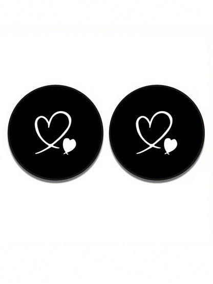 2pcs Black & White Double Heart Car Cup Holders, Vintage Brown Background With Pink Polka Dot Style, Protects Car Interior Space, Easy To Clean, Suitable For SUV Or Any Other Car Models. Universal Car