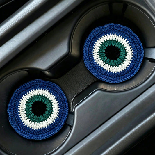 2pcs Blue Evil Eye Car Cup Holder Coaster, Cute Handmade Woven Round Coaster For Car Interior, Living Room, Bedroom Table, Universal Blue Eye Coaster