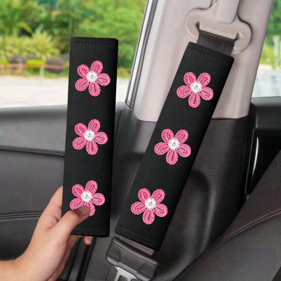 2pcs Car Belt Shoulder Pads, Flower Embroidered Shoulder Protector Covers, Unisex Car Seat Belt Cushions, Soft Breathable Belt Covers, Essential Summer Car Interior Accessories