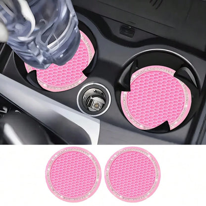 2pcs Car Cup Holders, Universal Vehicle Shiny Cup Mats, Crystal Diamond Cup Coasters, Car Interior Decor Accessories, Anti-Slip Car Cup Pads