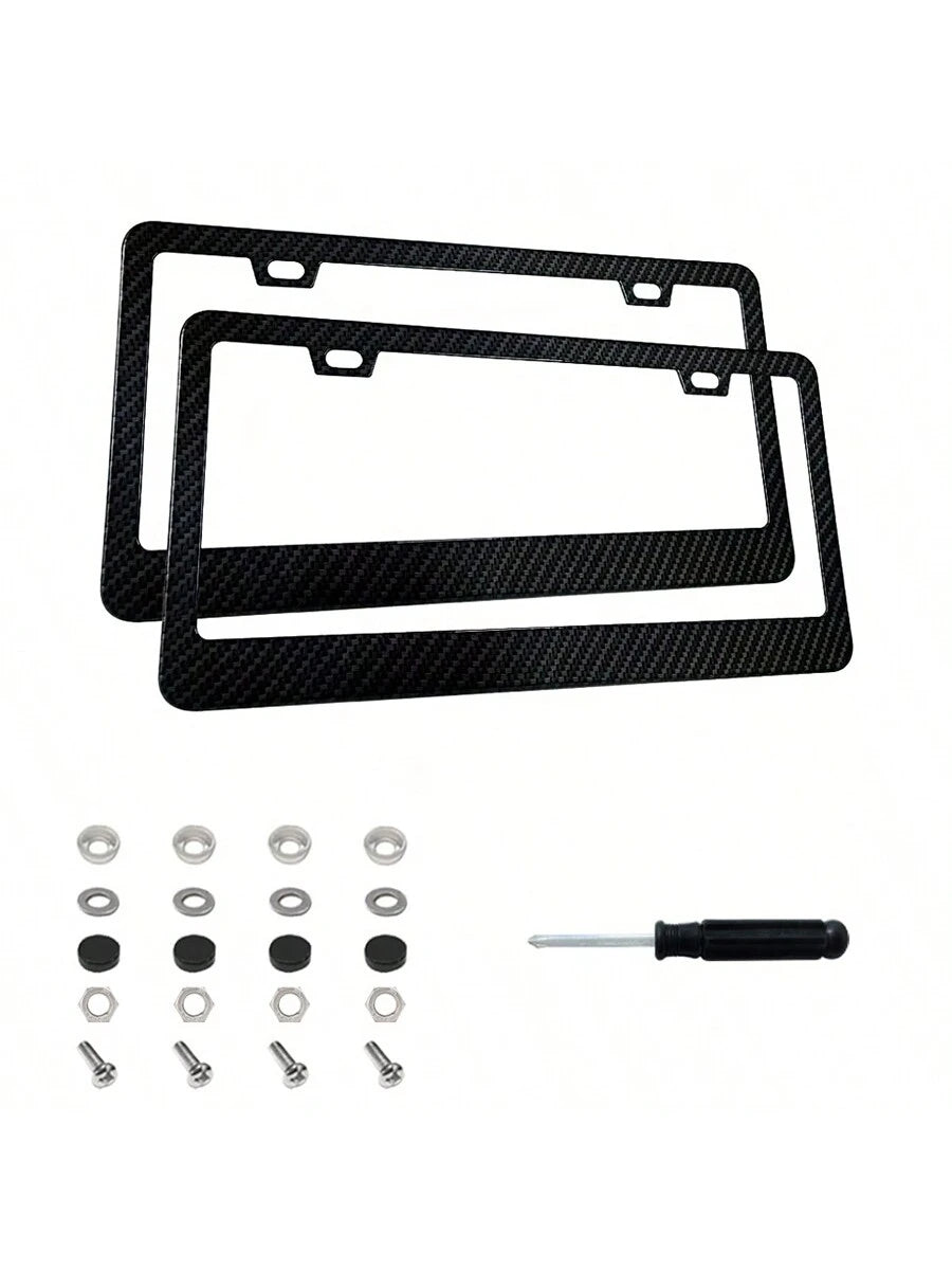 2pcs Carbon Fiber Plastic License Plate Frame, American Size Classic Fashion Black License Plate Frame, Anti-Rust, Front And Rear Can Be Installed, Free Installation Tools