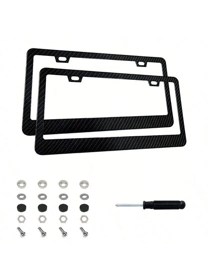 2pcs Carbon Fiber Plastic License Plate Frame, American Size Classic Fashion Black License Plate Frame, Anti-Rust, Front And Rear Can Be Installed, Free Installation Tools
