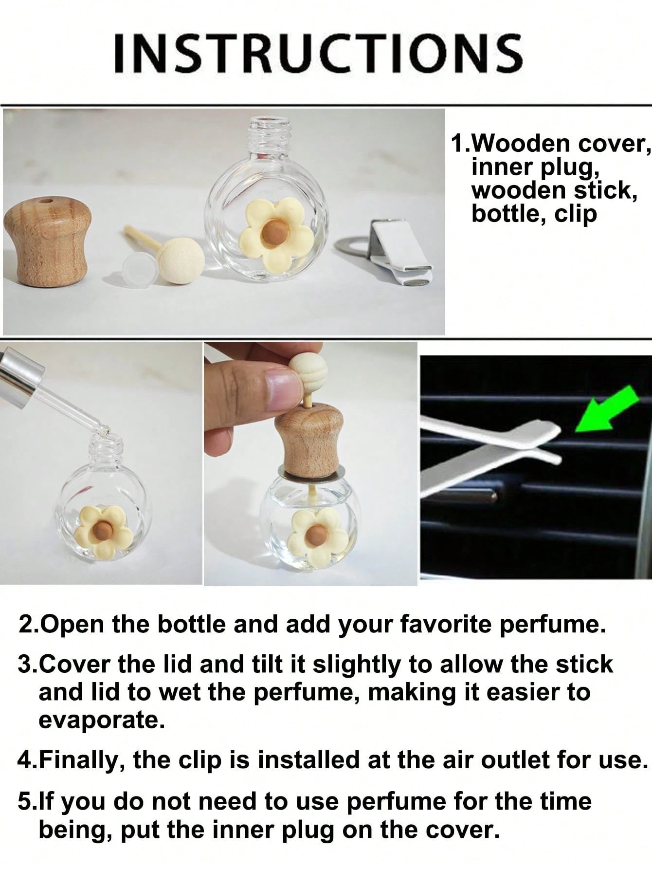 2pcs Cute 5-Petal Flower Decor Empty Fragrance Bottle Set, Car Air Vent Fragrance Diffuser Holder, Essential Oil Bottle Ornament (Fragrance Not Included)