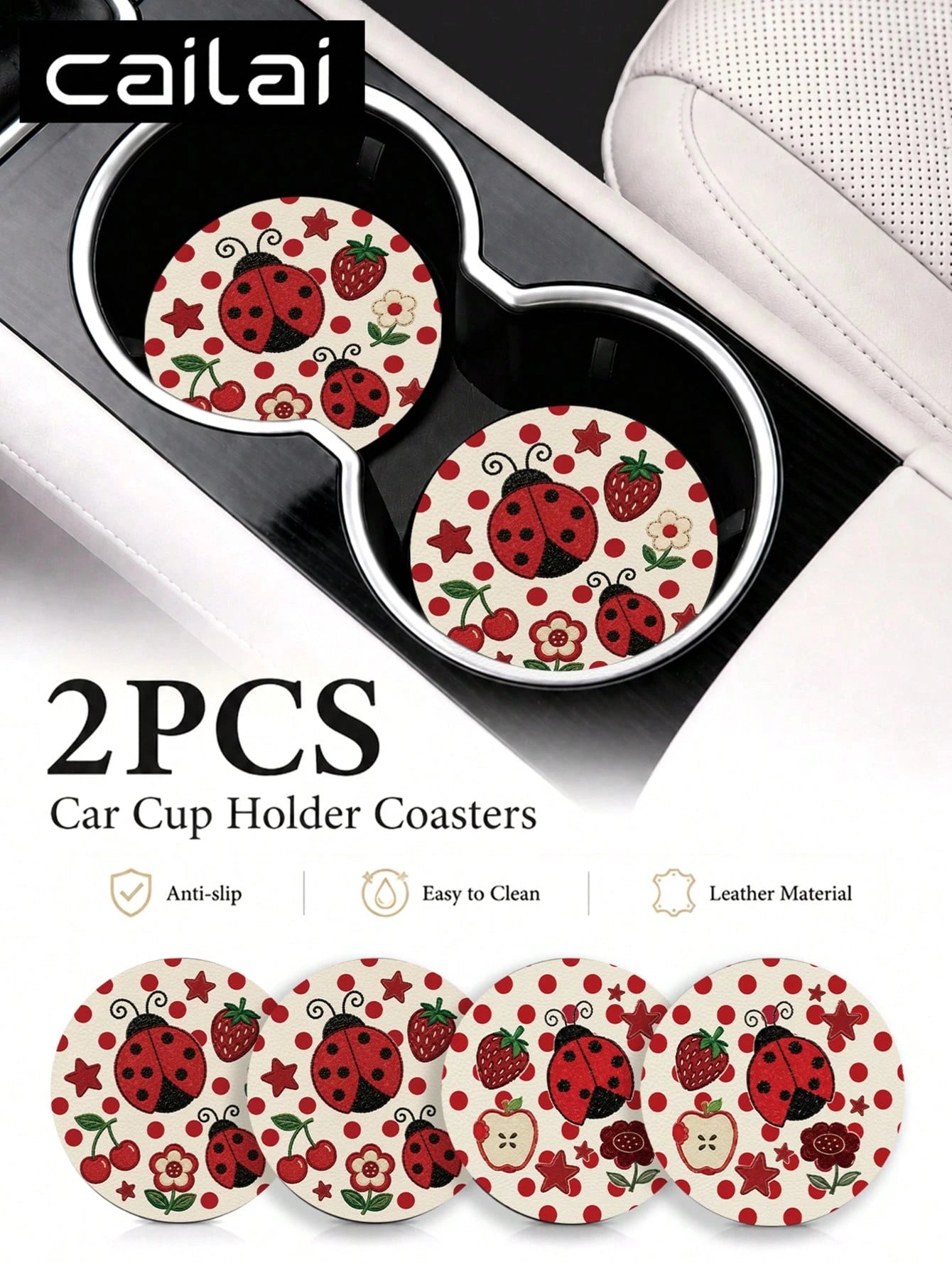 2pcs Cute Fresh Polka Dot Ladybug Pattern Car Cup Holder Coasters- Non-Slip, Leather Material Easy To Clean, Perfect Accessory For Car Interior- Suitable For Car Owners- Suitable For Daily Use- Gr