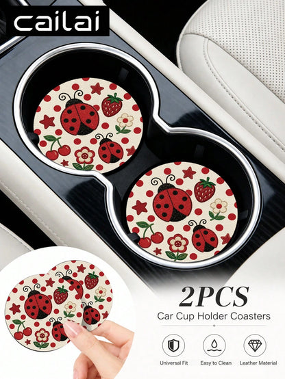 2pcs Cute Fresh Polka Dot Ladybug Pattern Car Cup Holder Coasters- Non-Slip, Leather Material Easy To Clean, Perfect Accessory For Car Interior- Suitable For Car Owners- Suitable For Daily Use- Gr
