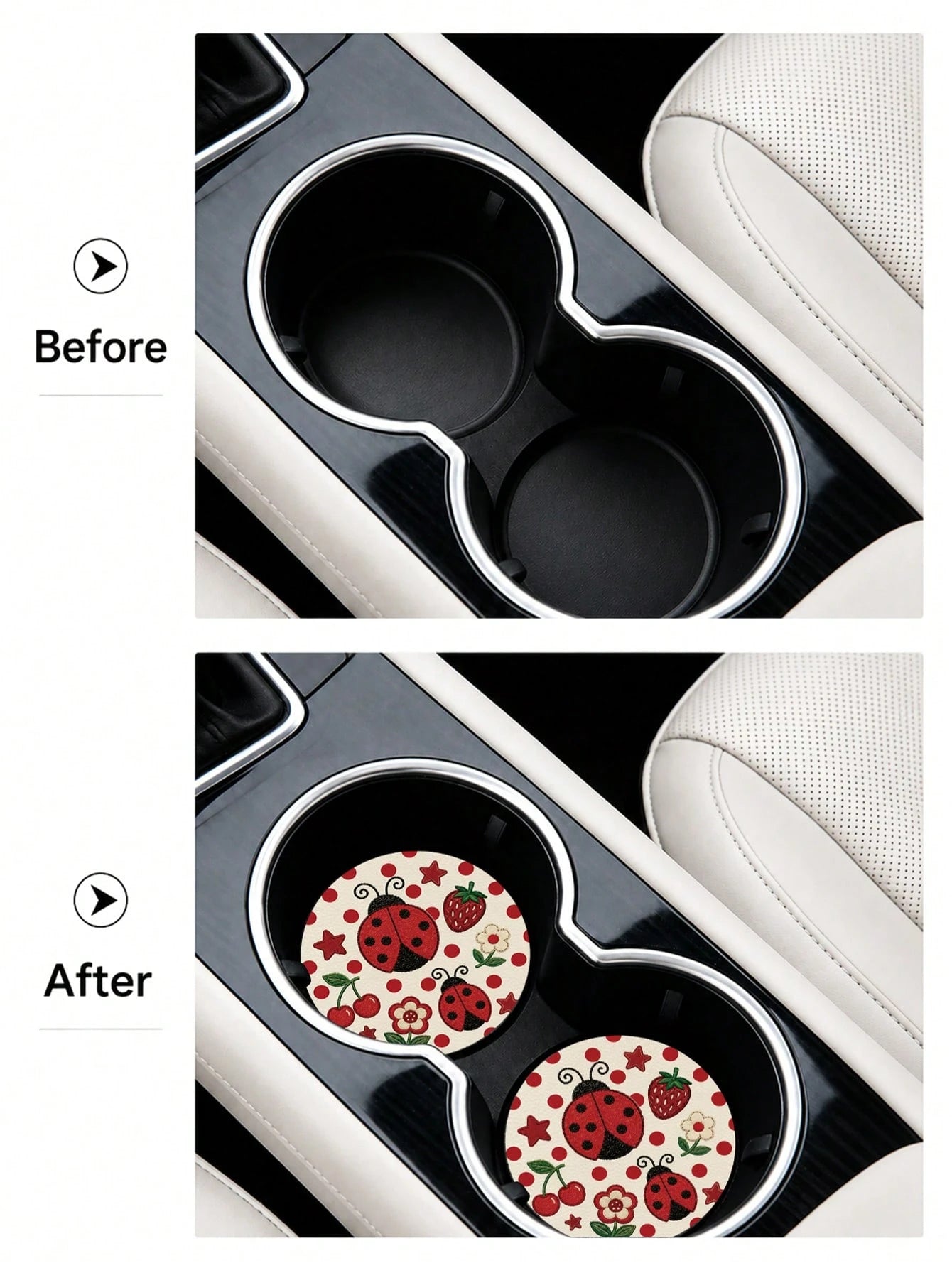2pcs Cute Fresh Polka Dot Ladybug Pattern Car Cup Holder Coasters- Non-Slip, Leather Material Easy To Clean, Perfect Accessory For Car Interior- Suitable For Car Owners- Suitable For Daily Use- Gr