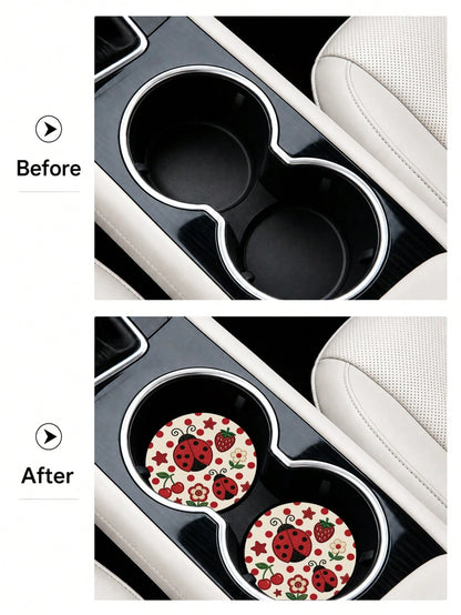 2pcs Cute Fresh Polka Dot Ladybug Pattern Car Cup Holder Coasters- Non-Slip, Leather Material Easy To Clean, Perfect Accessory For Car Interior- Suitable For Car Owners- Suitable For Daily Use- Gr