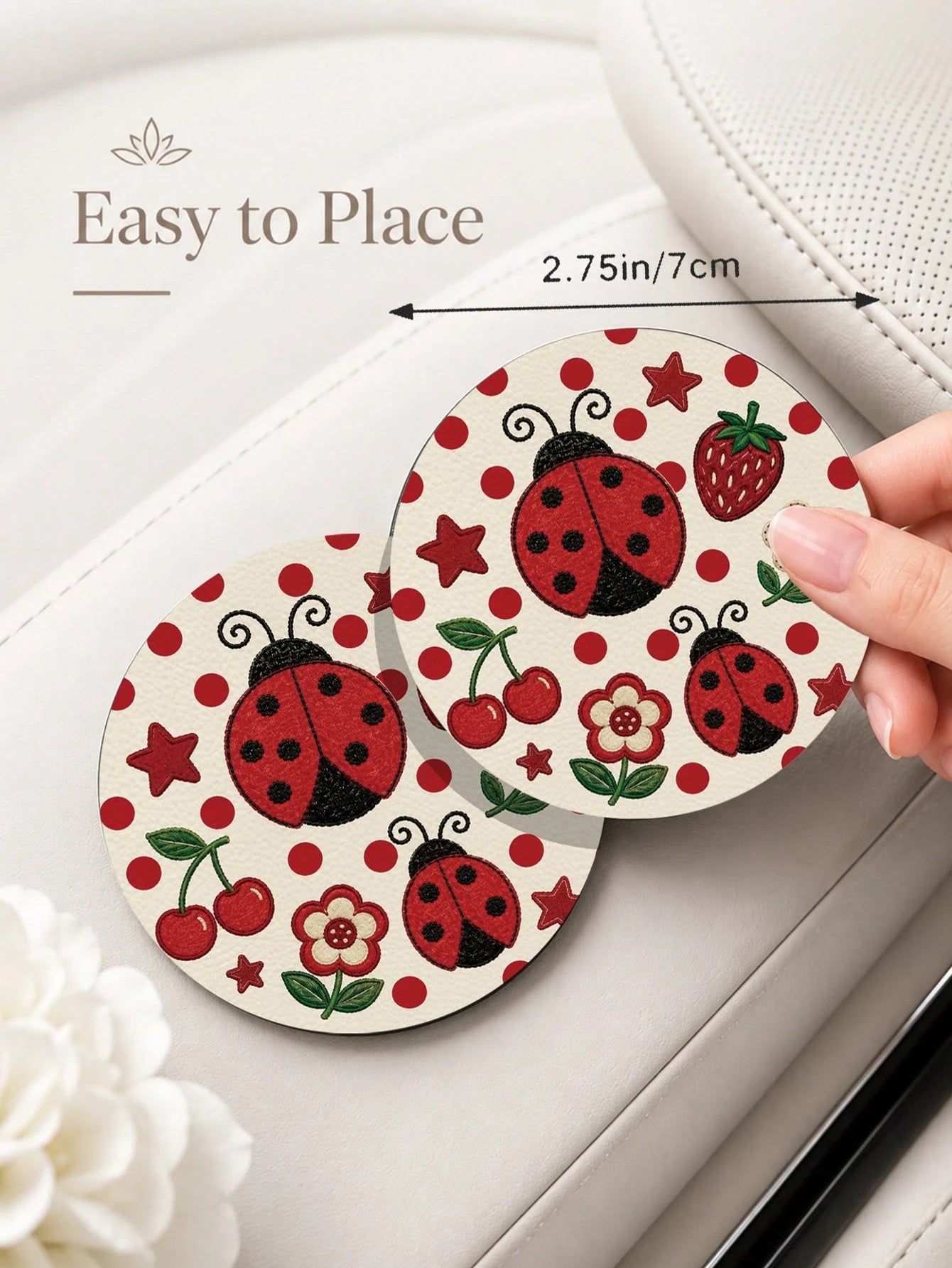 2pcs Cute Fresh Polka Dot Ladybug Pattern Car Cup Holder Coasters- Non-Slip, Leather Material Easy To Clean, Perfect Accessory For Car Interior- Suitable For Car Owners- Suitable For Daily Use- Gr