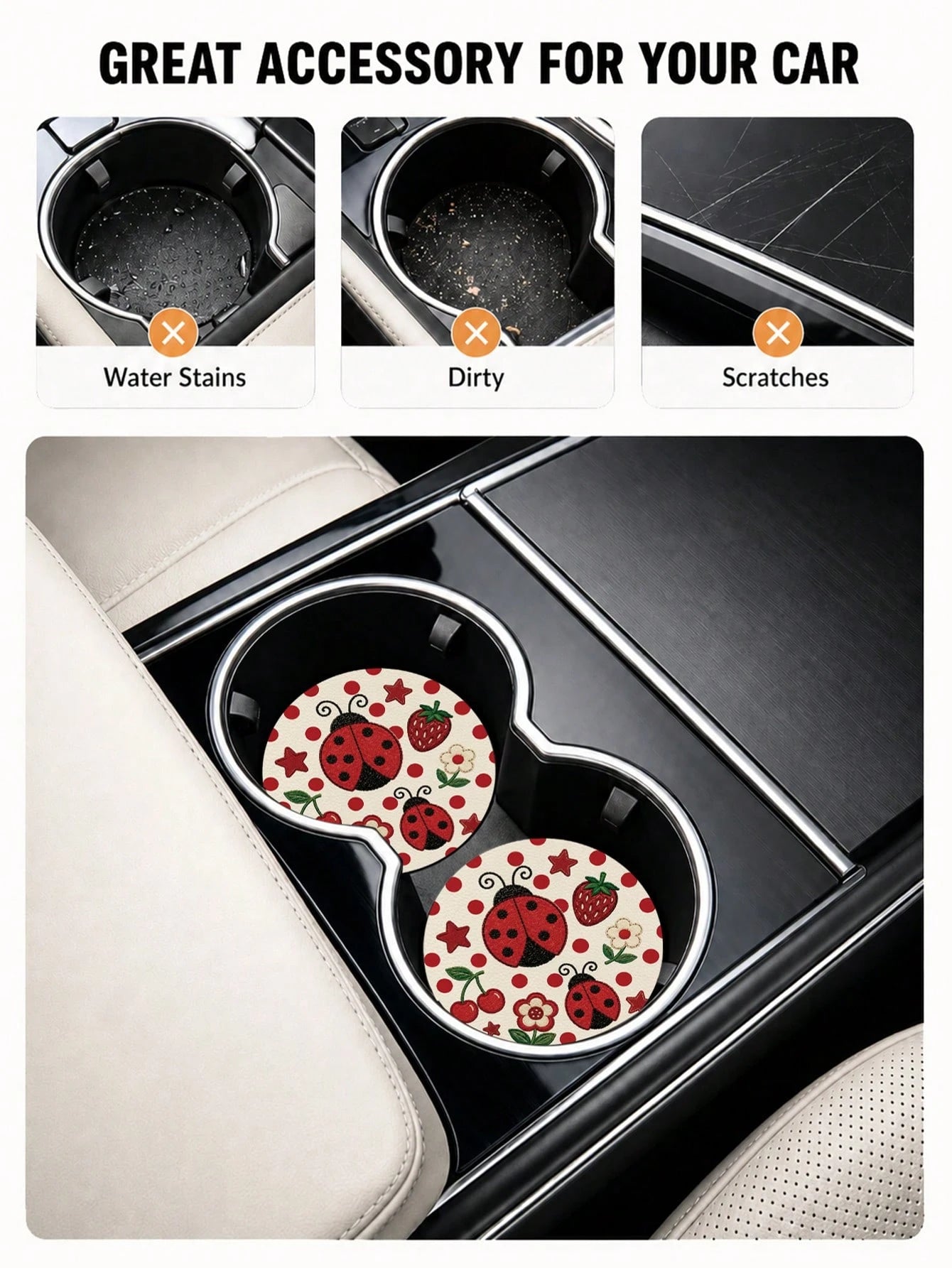 2pcs Cute Fresh Polka Dot Ladybug Pattern Car Cup Holder Coasters- Non-Slip, Leather Material Easy To Clean, Perfect Accessory For Car Interior- Suitable For Car Owners- Suitable For Daily Use- Gr