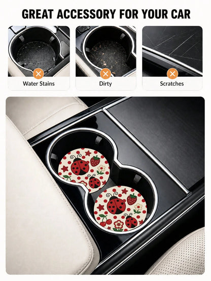 2pcs Cute Fresh Polka Dot Ladybug Pattern Car Cup Holder Coasters- Non-Slip, Leather Material Easy To Clean, Perfect Accessory For Car Interior- Suitable For Car Owners- Suitable For Daily Use- Gr