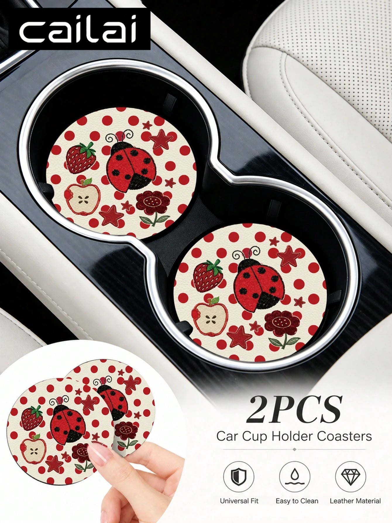 2pcs Cute Fresh Polka Dot Ladybug Pattern Car Cup Holder Coasters- Non-Slip, Leather Material Easy To Clean, Perfect Accessory For Car Interior- Suitable For Car Owners- Suitable For Daily Use- Gr