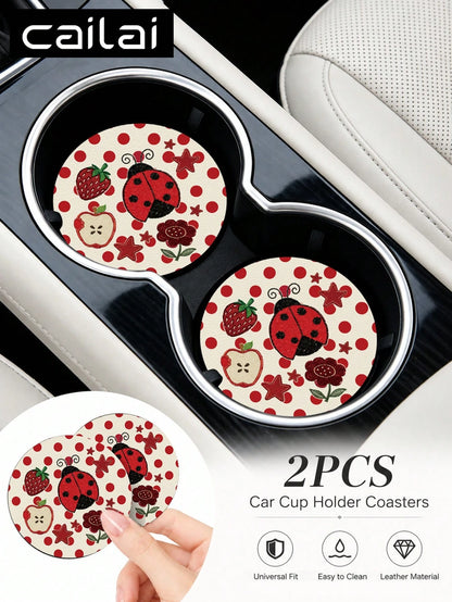 2pcs Cute Fresh Polka Dot Ladybug Pattern Car Cup Holder Coasters- Non-Slip, Leather Material Easy To Clean, Perfect Accessory For Car Interior- Suitable For Car Owners- Suitable For Daily Use- Gr
